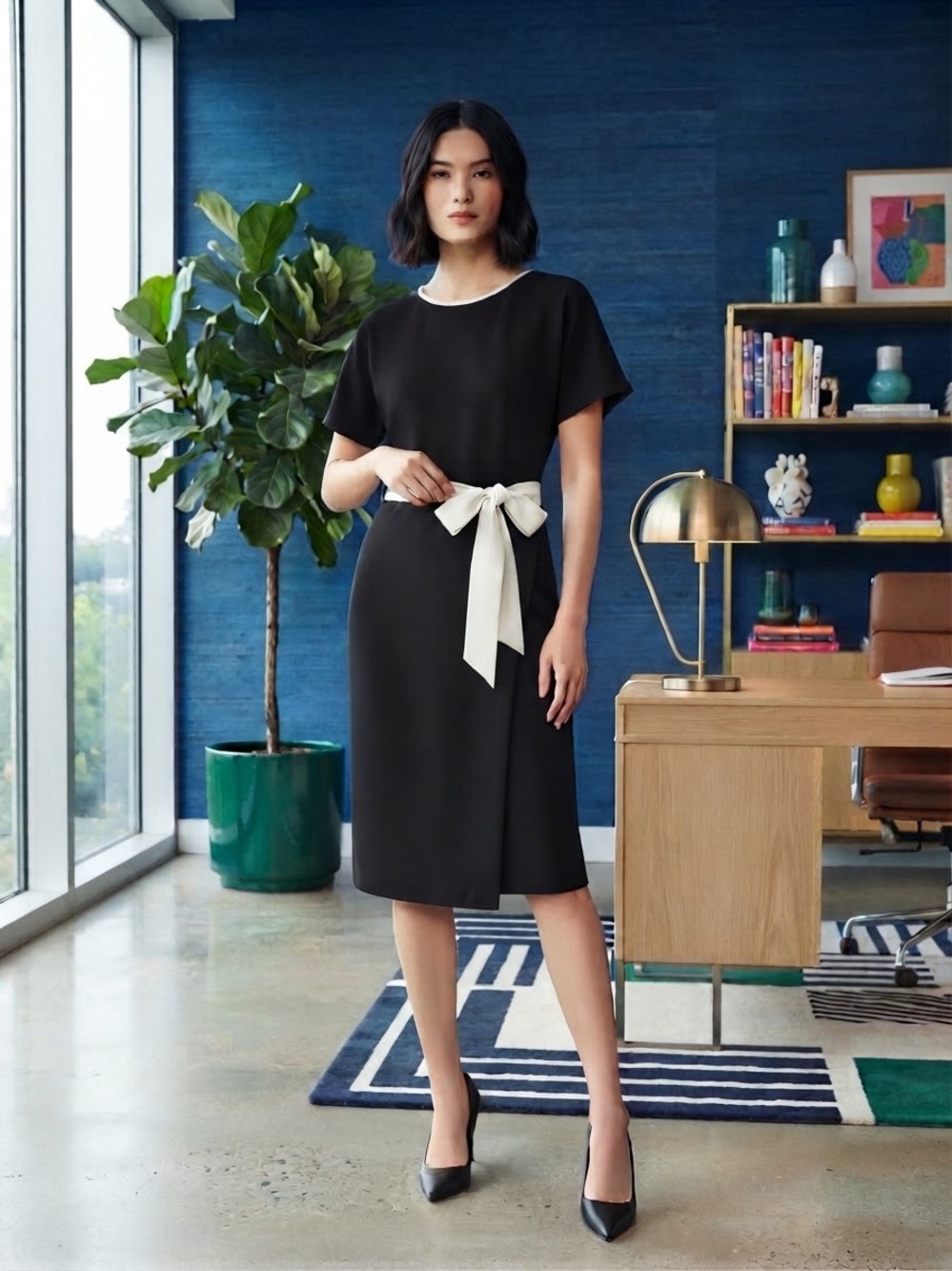 DKNY Black Midi Dress with Ivory Waist Bow